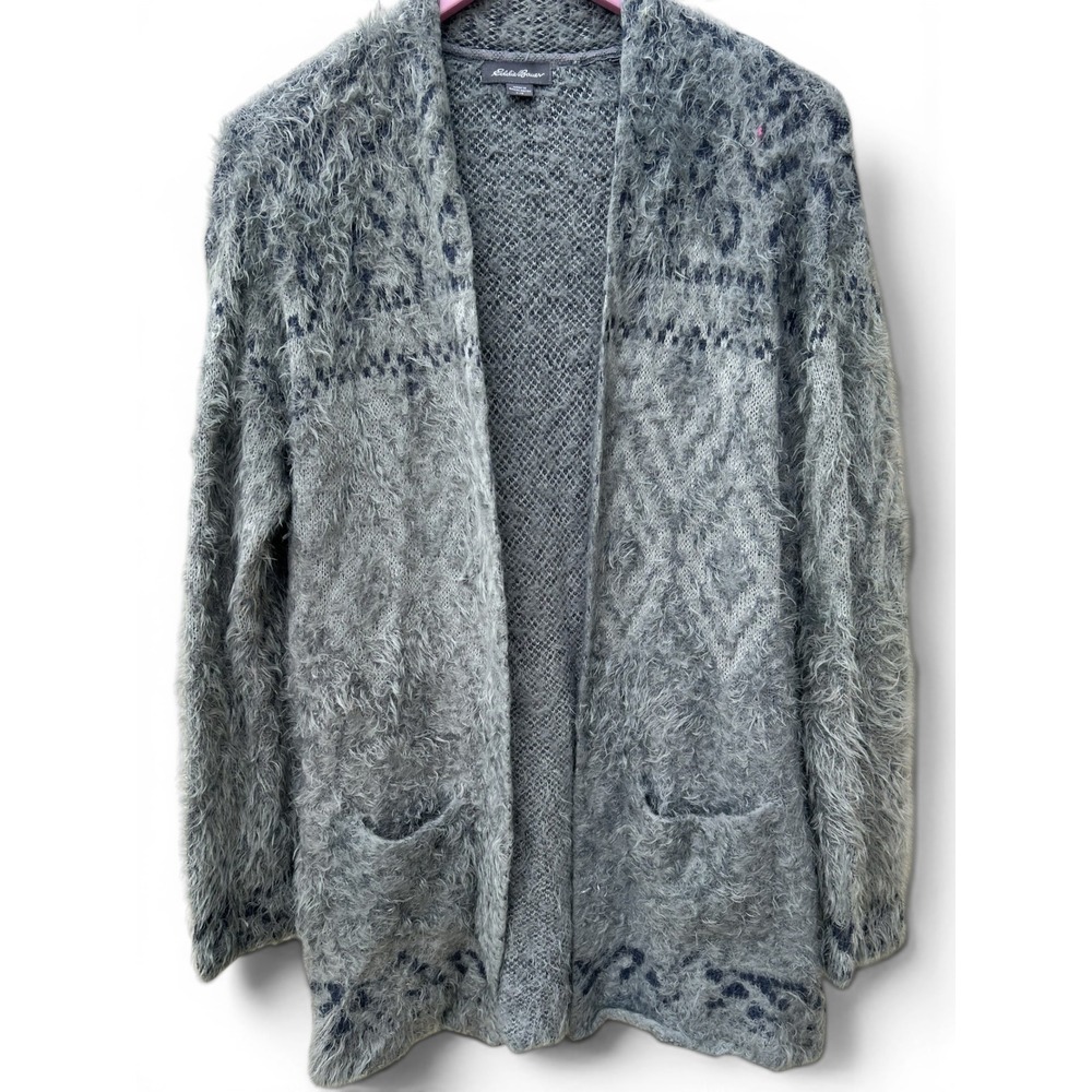 Eddie Bauer Womens Grey Navy Eyelash Knit Open Front Cardigan Sweater Large